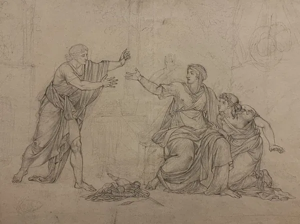 Pencil drawing of Odysseus, standing at left with arms outstretched, revealing himself to Penelope, who reaches toward him from her seat while a young man kneels beside her