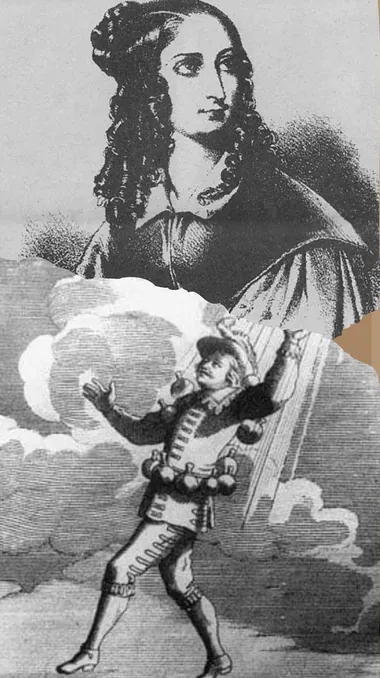 Collage of an engraved portrait of Flora Tristan above an engraving of Cyrano de Bergerac rising into the clouds, bottles of dew tied around his waist